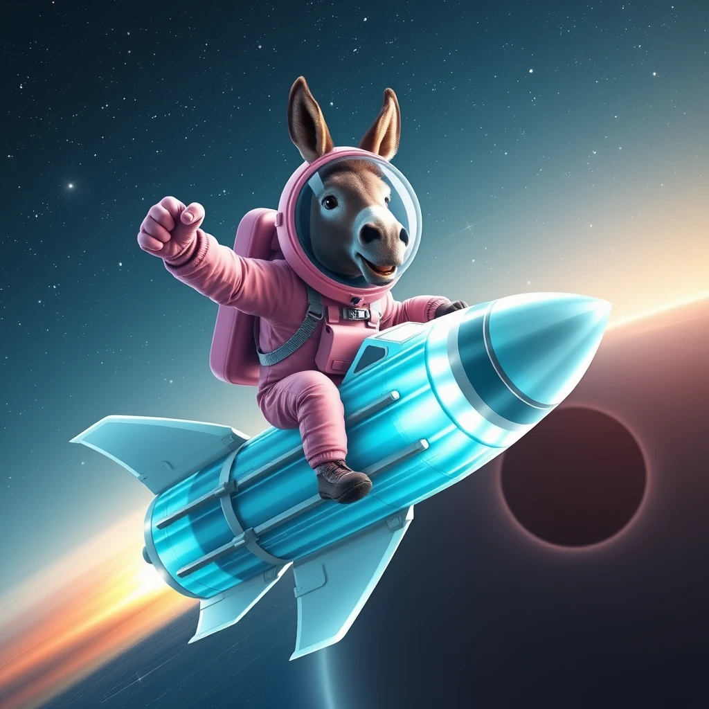 An ambitious donkey wearing pink astronaut costume, riding on a crystal light cyan stunning spaceship, making a punching gesture, flying to the outerspace under a clear night sky with lots of shining stars, passing by a huge black-hole. Realistic style. - Image