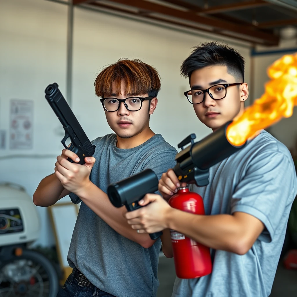 21-year-old white slim-bodied northern Chinese man wearing square glasses, with mid/long fringe hair, holding a Glock; 21-year-old white Brazilian Italian man wearing round glasses and short hair holding a very large fire extinguisher flamethrower, in a garage setting.