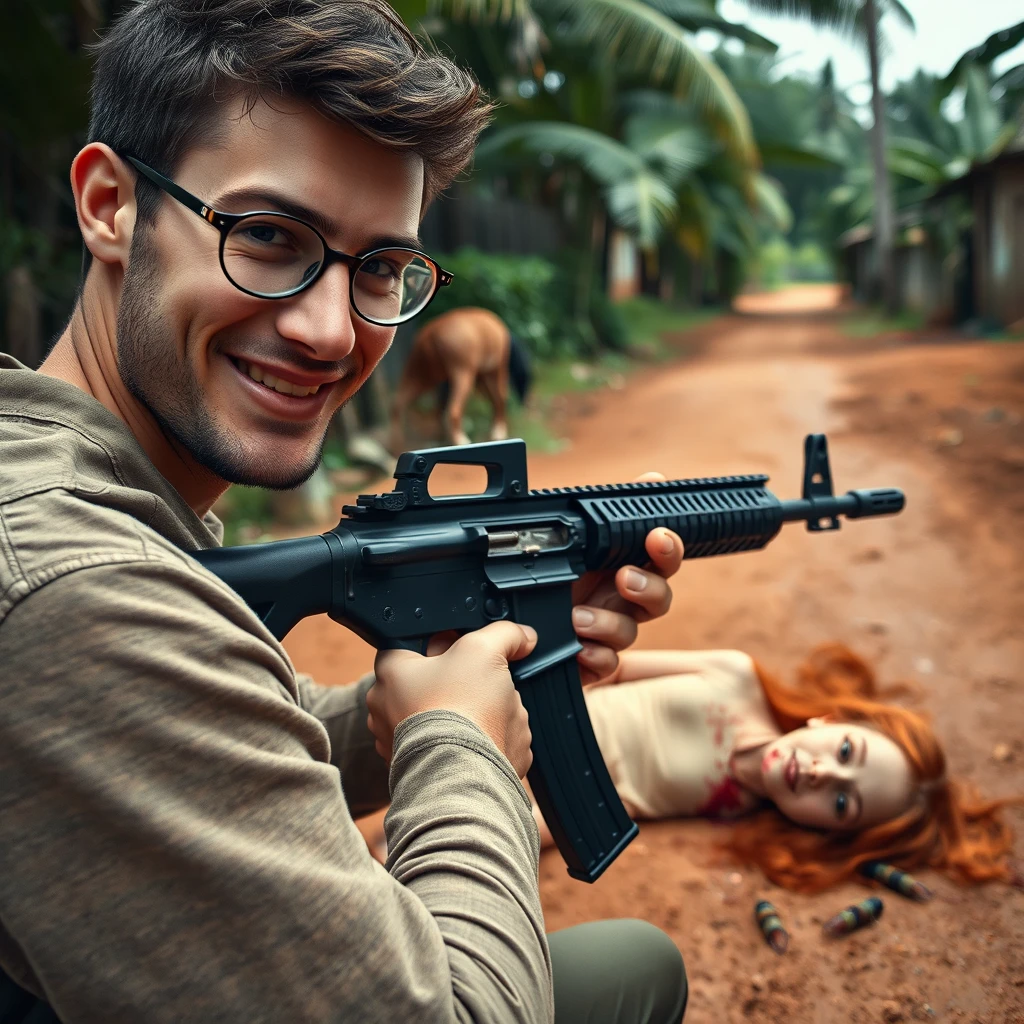 Smiling 20-year-old Italian man with round glasses, reloading an assault rifle while looking at the camera; young, thin redhead girl slumped on the ground in the background, full of bullet holes and bleeding, in a muddy, red dirt street, surrounded by tropical vegetation.