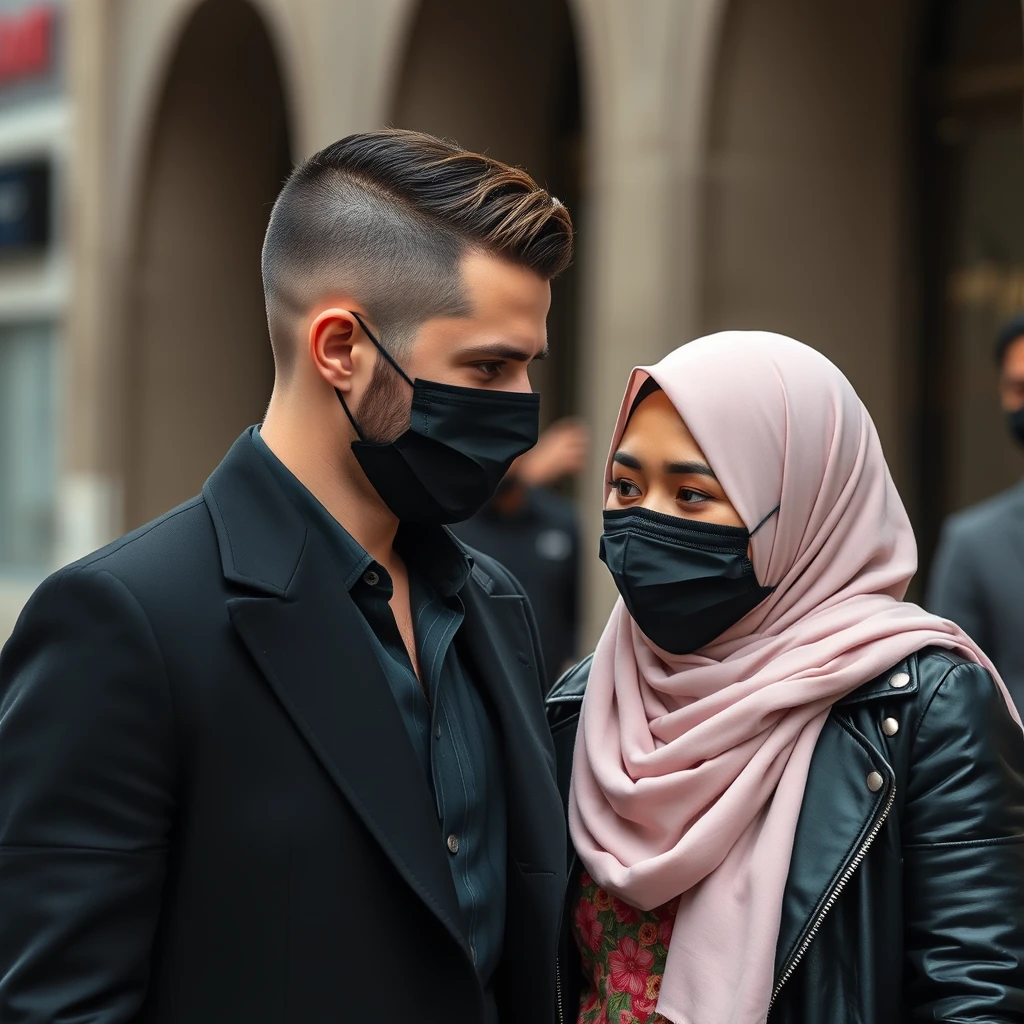 Jamie Dornan's face, hair, and body shot, handsome, young, shaved, black face mask, black coat suit, dating love with the biggest soft pink hijab girl, black leather jacket, black face mask, biggest floral skirt, hyper-realistic, street photography.