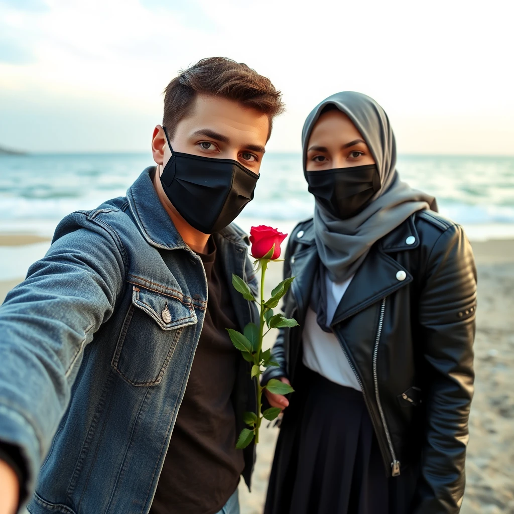 Jamie Dornan's head and body shot, handsome, black face mask, denim jacket, jeans, dating, love couple with the biggest grey hijab Muslim girl, beautiful eyes, black face mask, black leather jacket, largest skirt, at the beach, holding a rose, hyper-realistic, street photography, selfie.