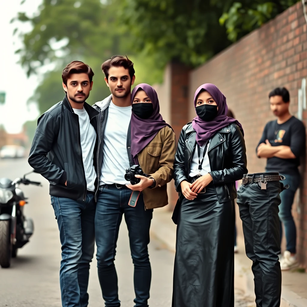 Jamie Dornan and Freddie Prinze, head and body shot, handsome, young, serious face, dark brown hair, white T-shirt, collage jacket, skinny jeans, sneakers, standing, discussing with two guys and a Muslim girl wearing a short purple hijab, beautiful eyes, black face mask, black leather jacket, longest black leather skirt, holding a Canon DSLR camera, near a town road, superbike, hyper-realistic, street photography, brick wall, full body photo, three other random friends in the back. - Image