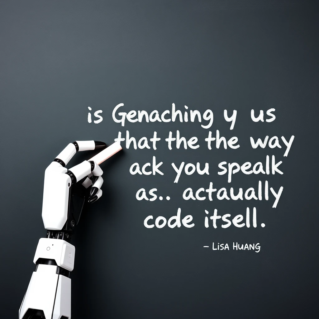 A robotic hand holding a piece of chalk writing with that piece of chalk on a chalkboard with writing on it that says "Generative AI is teaching us that the way you speak is actually code itself" – Lisa Huang, classroom style chalkboard.