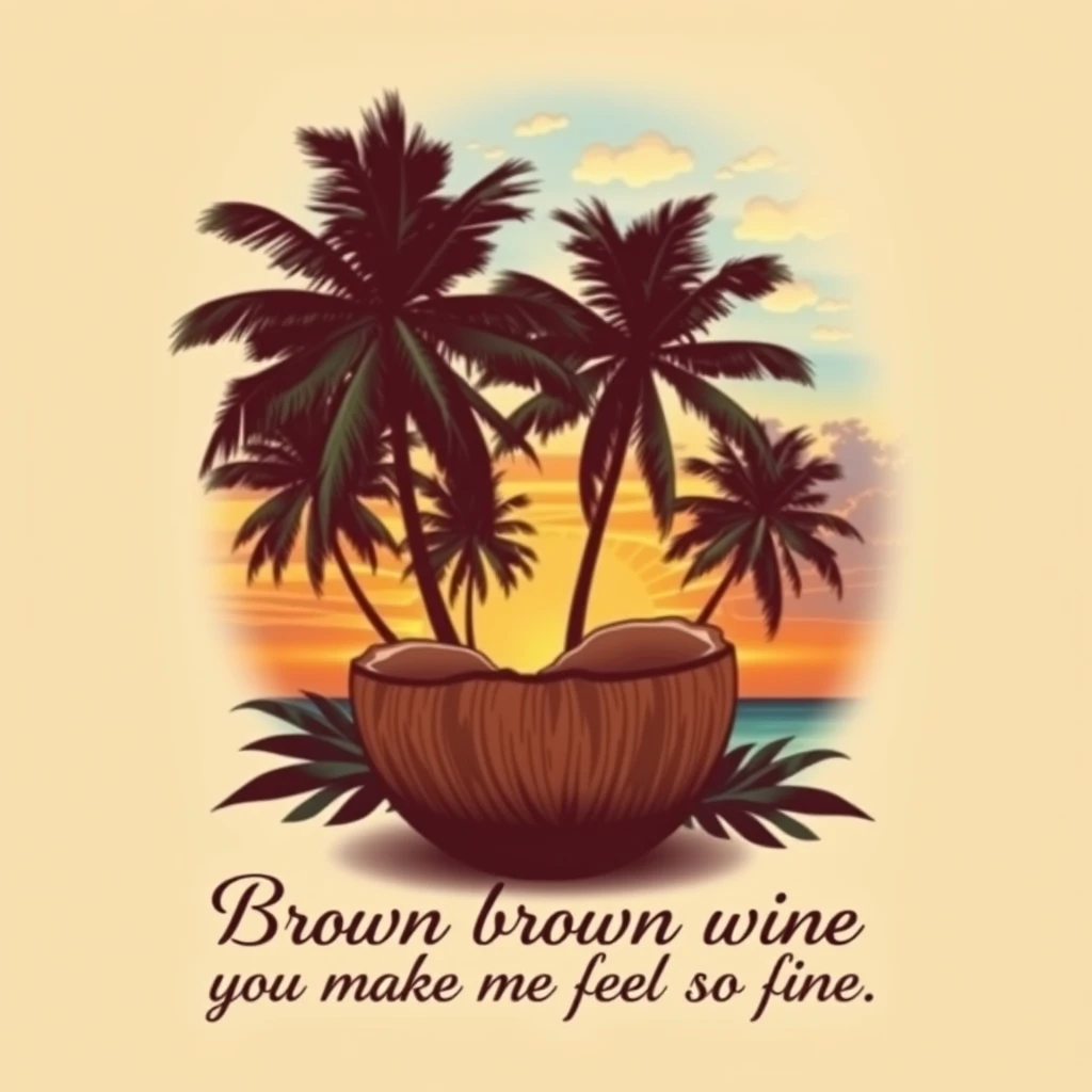 A captivating t-shirt design showcasing a lush tropical paradise. The image features swaying palm trees, a vibrant sunset sky with shades of blue, orange, and yellow, and a coconut bowl that sits harmoniously in the scene. The phrase "Brown brown wine you make me feel so fine" is elegantly written in cursive script at the bottom, adding a touch of sophistication. This striking print, with its serene and joyful atmosphere, is ideal for a comfortable and fashionable t-shirt, encapsulating the essence of a contented life. - Image