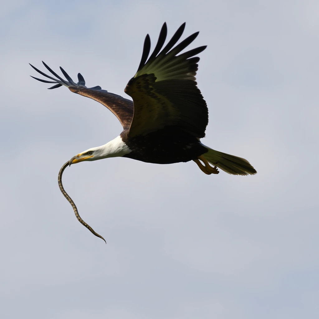 An eagle flying in the sky is flying to the left with a snake in its claws.