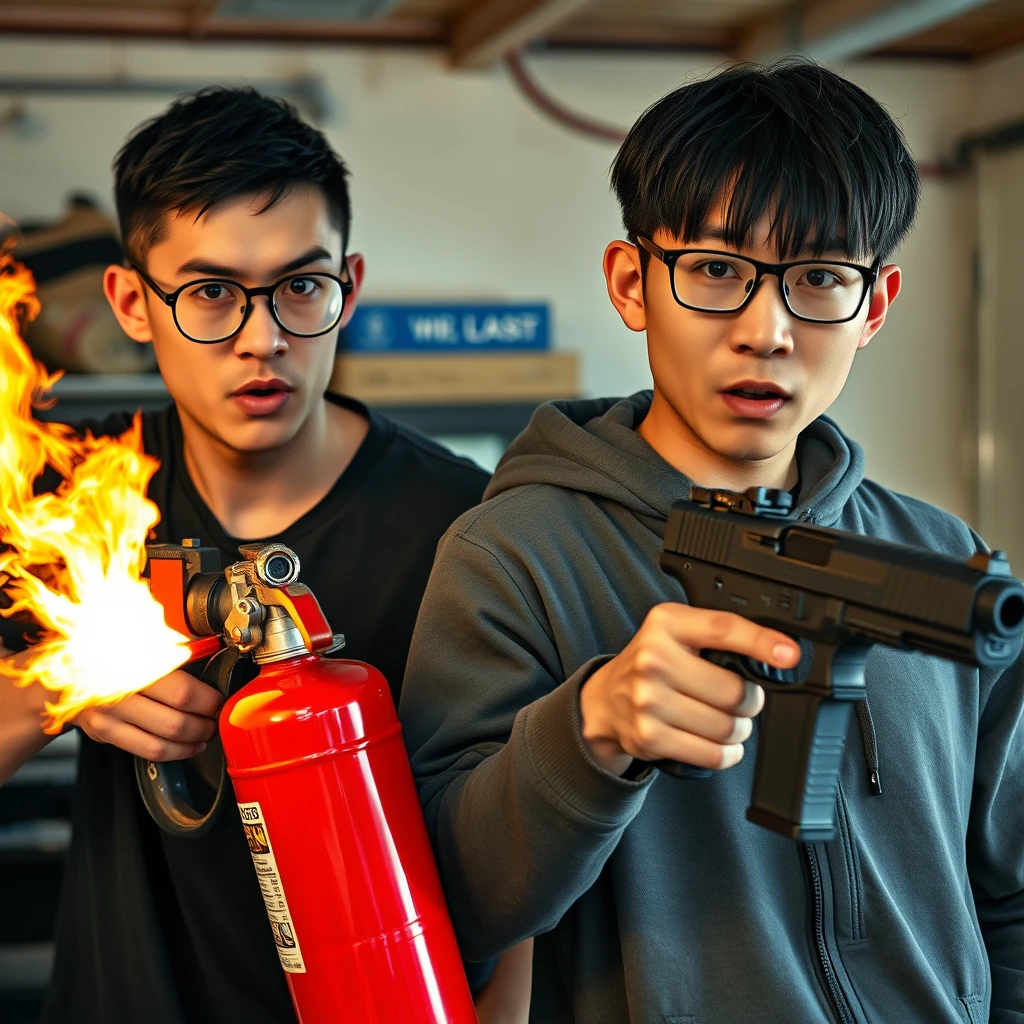 A 21-year-old very white Italian man, wearing round glasses and having short black hair, is holding a very large fire extinguisher flamethrower. A 21-year-old northern Chinese man, with a thin long face, wearing square glasses and sporting mid/long black fringe hair, is holding a Glock. Both appear angry, with murderous intent, in a garage setting.