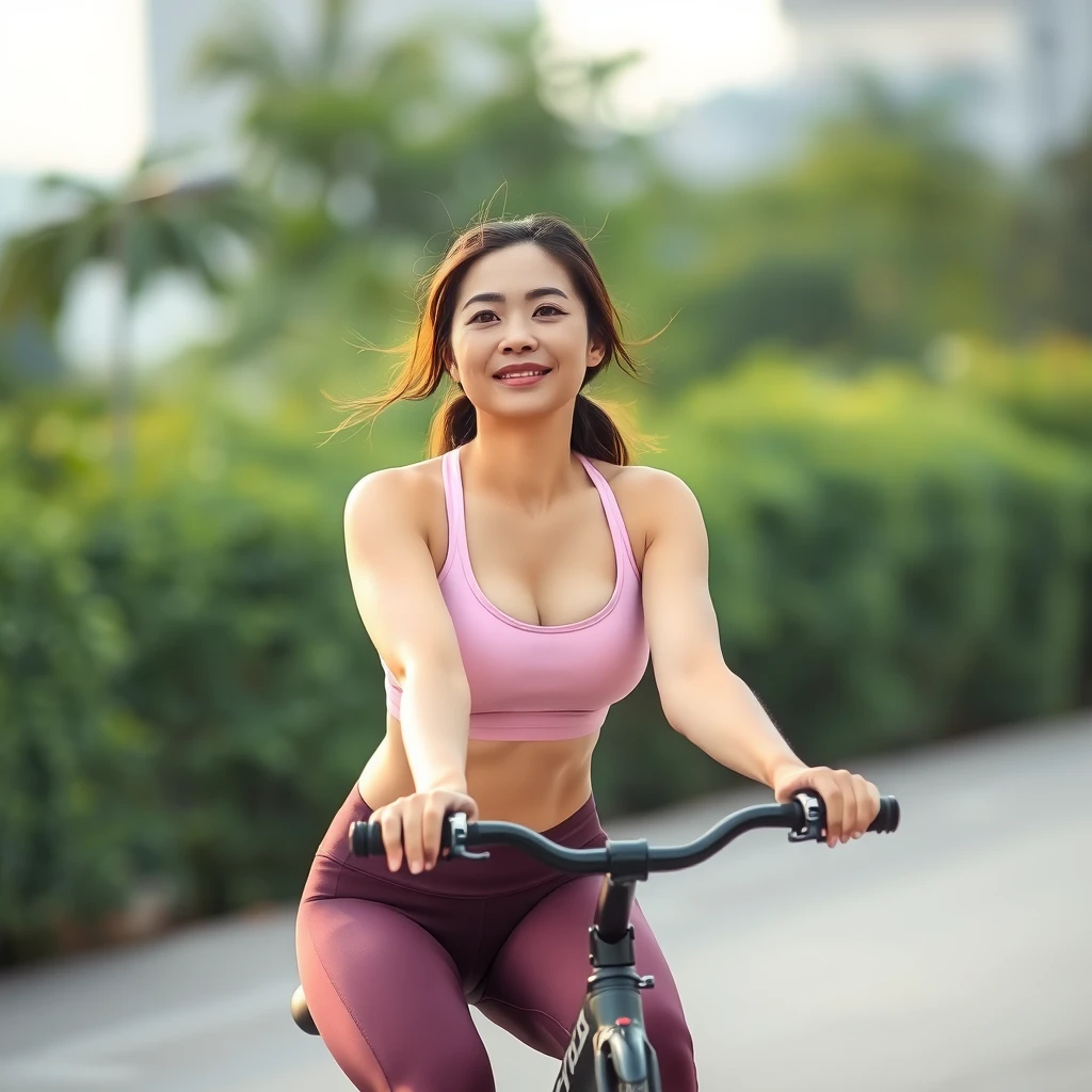 A Chinese woman riding a bicycle, wearing yoga pants and a sports bra.