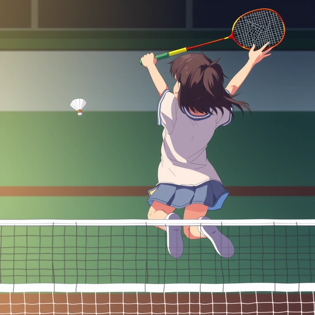 A girl jumps up with a badminton racket in her right hand, slamming the shuttlecock in front of her, at the net, from behind, anime style. - Image