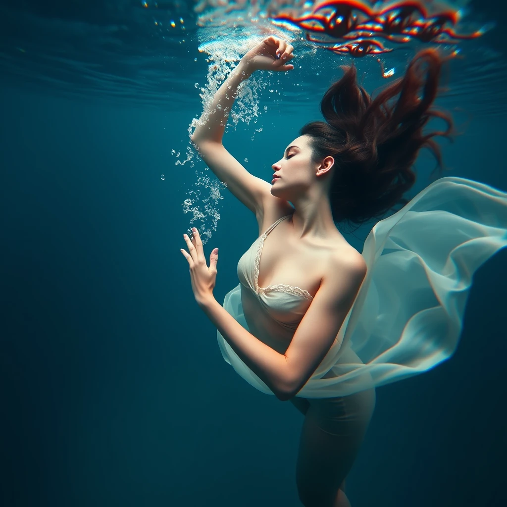 A symbolic photo: A young woman dancing underwater. Life and sensitivity. Perfection. Beauty. Attraction. Supple. Form. Curves.