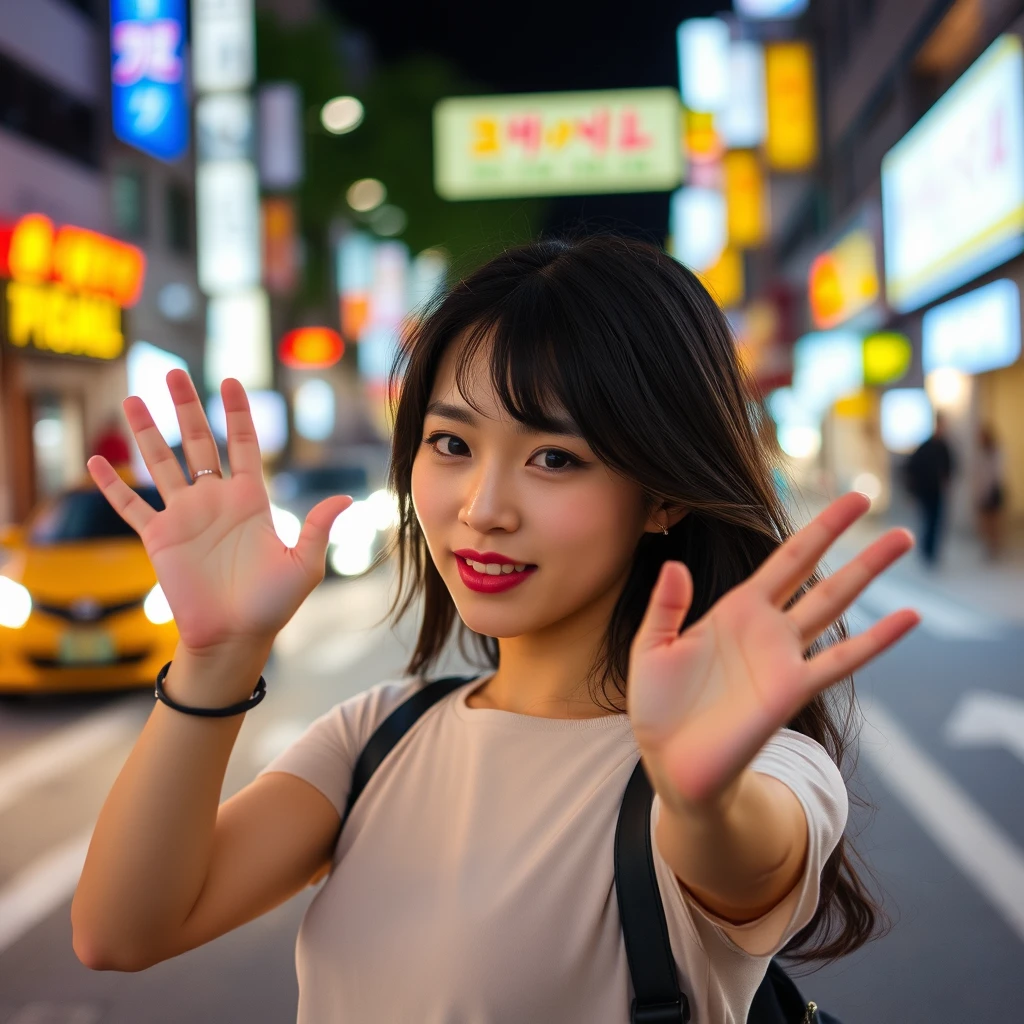 Asian woman holding hands out in the middle of the street.