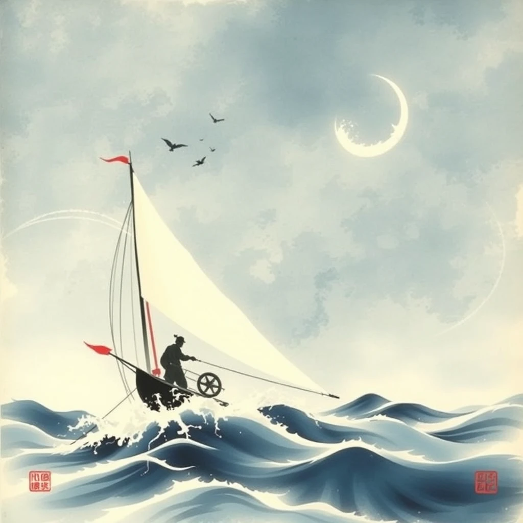 sail with the wind, Chinese ink painting - Image