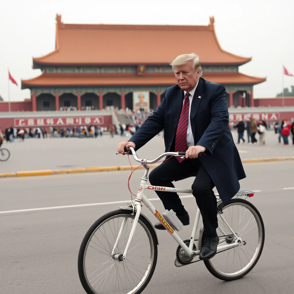 Trump riding a bicycle at Tiananmen. - Image