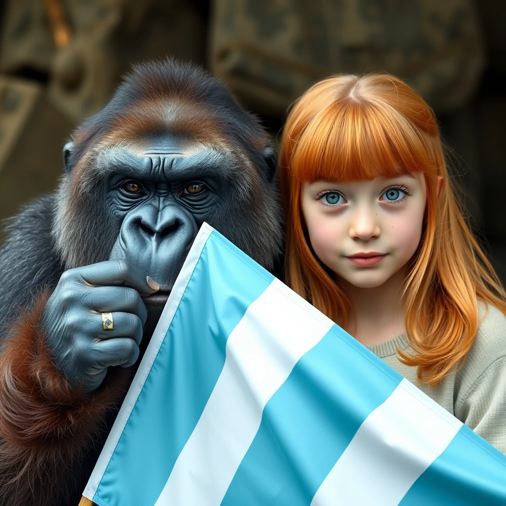 A gorilla holding a three-striped flag colored light blue, white, and light blue next to a cute teenage girl with ginger hair and green eyes and bangs.