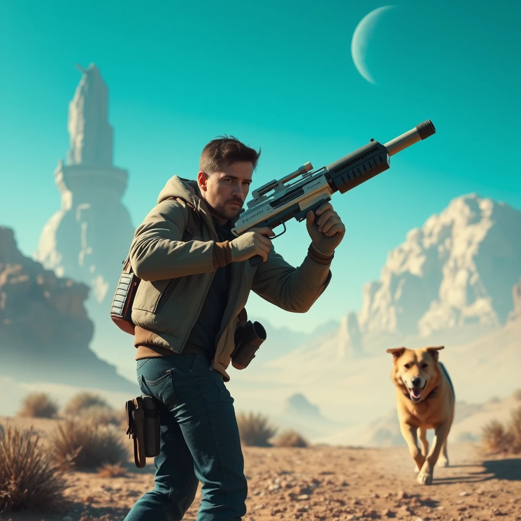 In the future world, a man takes a futuristic gun, and a dog is following. - Image