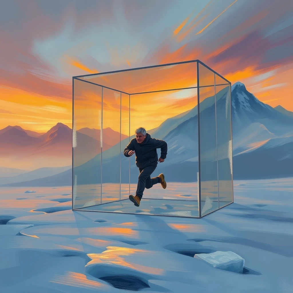 Theme Concept:  
"Dirge of Dusk: Against the grand backdrop of ice and snow, a disheartened middle-aged man runs tirelessly within a transparent cage, symbolizing the endless desire for freedom and the heavy shackles of reality."  
  
Background Description:  
- "Using thick oil painting brush strokes to render the magnificent scene of sunset over the mountains. The sky interweaves warm and cool tones of orange, yellow, purple, and blue, reflecting the gentleness of the sunset glow and the chill of the nightfall."  
- "The snowfield employs delicate layers of white and light blue to signify its vastness and icy texture, while utilizing light and shadow effects to enhance the three-dimensionality and depth of the image."  
  
Transparent Cover and Light and Shadow:  
- "The transparent cover is depicted using semi-transparent color blocks, with edges appropriately blurred to blend into the surrounding environment, creating a dreamy sense of isolation."  
- "Through the clever use of light and shadow, the contrast between inside and outside the cover is emphasized, with warm and dim lighting within, while the outside gradually darkens, symbolizing the protagonist's inner hope and the indifference of the outside world."  
  
Character Portrayal:  
- "The middle-aged man is depicted in a realistic yet slightly exaggerated manner, with a complex facial expression that conveys both focus and determination while running, yet reveals profound fatigue and despair."  
- "The body posture emphasizes dynamism, with limbs strenuously swinging, but it seems he is always running in place, symbolizing the powerlessness and struggle of life."  
- "Clothing details should be rich, showcasing a blend of despair and resilience, using variations in color and light to enhance the emotional expression of the character."  
  
Symbolic Expression:  
- "In the distance or at the edges of the painting, hint at the future path in a blurred or abstract manner, appearing bright yet distant, symbolizing the protagonist's inner confusion and helplessness."  
- "Through the composition of the overall painting, the use of color and brush strokes, convey a deep philosophical reflection and emotional resonance, allowing the viewer to appreciate the beauty of the oil painting while also feeling the hardships and hopes of life."  
  
Style Requirements:  
- "Please create in an oil painting style, focusing on the weight of brush strokes, the richness of colors, and the delicate representation of light and shadow effects."  
- "While maintaining the overall harmony and unity of the painting, bold innovation is encouraged to explore unique artistic language and expressive techniques."