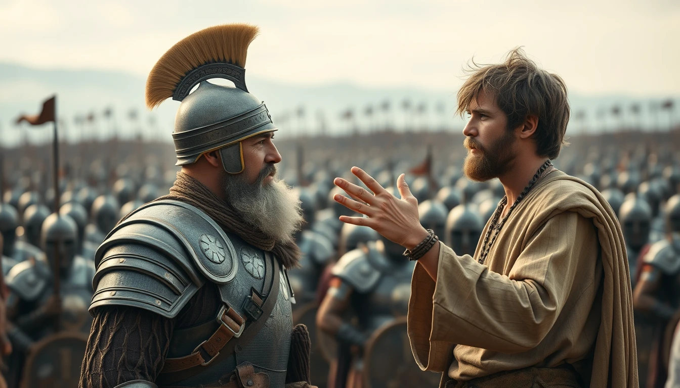 Create an image of two men arguing while onlookers crowd around. The man on the right is a young man with messy hair and a short beard and is wearing a simple biblical-era shepherd’s attire without any ornaments. The young man is gesturing with his right hand, palm facing skyward, as if he is explaining something to a middle-aged Mesopotamian king, who is wearing biblical-era soldier armor. The background shows a blurred crowd of soldiers also wearing biblical-era soldier armor. Further in the background, on the horizon stands a blurred gathering of a large biblical-era army. - Image