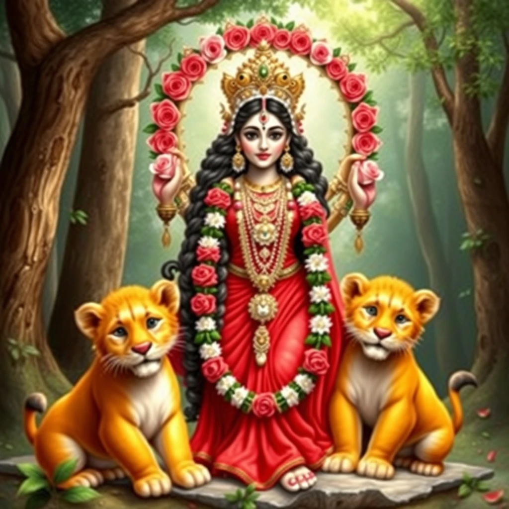 Goddess Kamakshi with a garland of roses, red clothing, and cute young lions in a forest setting. - Image