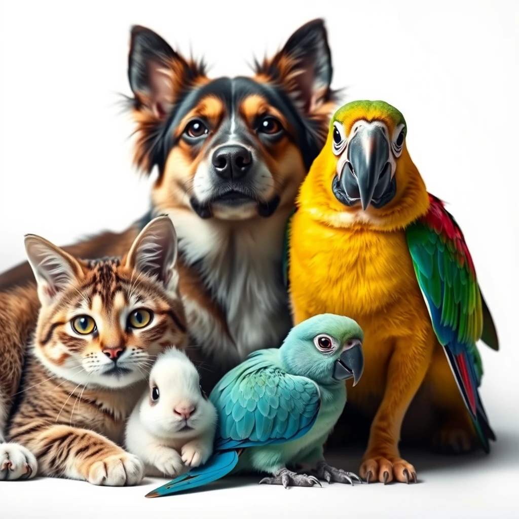 Cat with rabbit with dog with parrot Dramatic lighting against white background. Hyper-realistic, high-resolution image, expressive features and coloration.