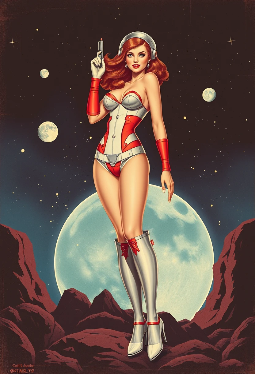 Retro vintage sci-fi art, space pin-up girl, full body