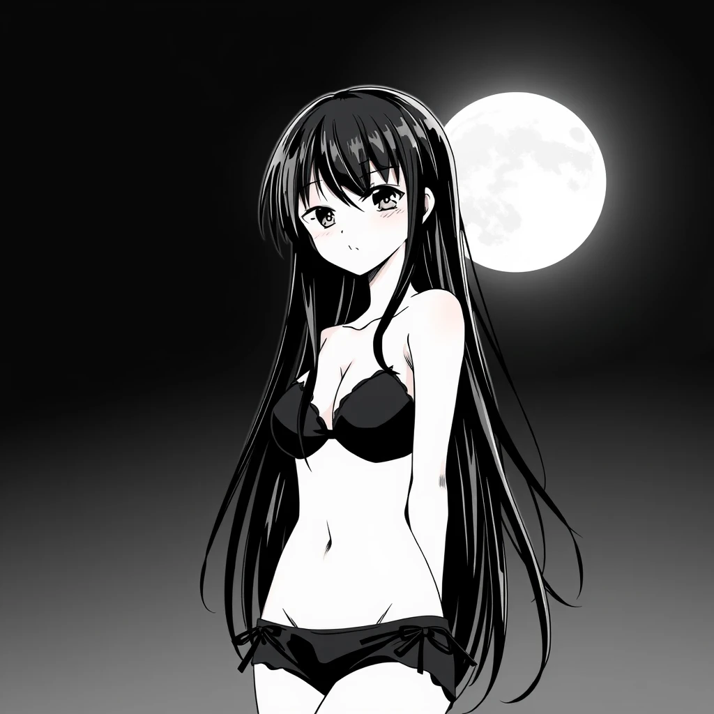 Girl with long, black hair in a black bikini. In the background, a black sky with a big, bright moon. Manga, grayscale.