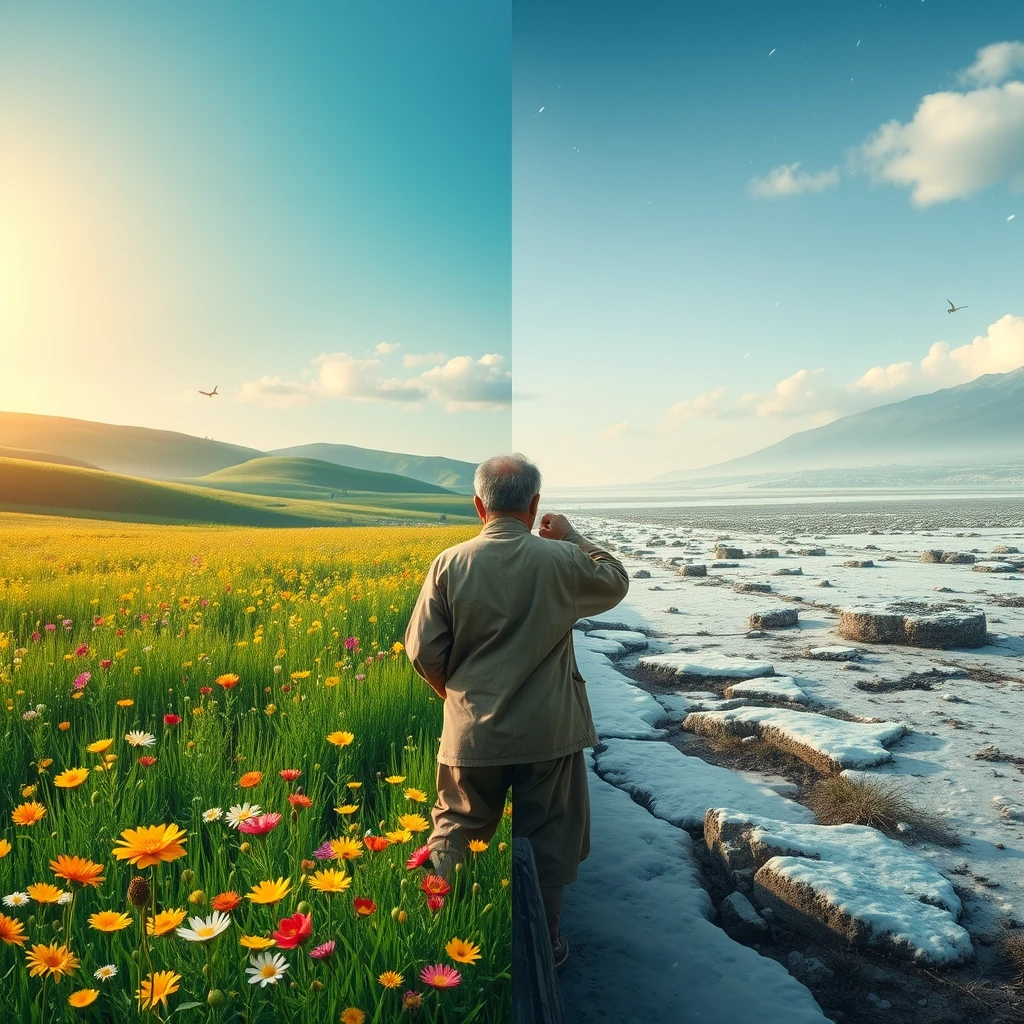 Background and Separation:
Create a wide image divided into two parts - left and right.

Left Side (Bright World):
Colors: Dominated by green, yellow, and gold, creating a vibrant spring atmosphere.
Elements: A lush prairie filled with flowers, colorful butterflies and bees fluttering about. In the distance, rolling hills and a light blue sky, with a few white clouds drifting lazily. Golden sunlight hangs in the upper left corner, illuminating the land.

Right Side (Dark World):
Colors: Primarily gray and white, creating a cold, dim winter atmosphere.
Elements: Depict a wasteland covered in ice and snow, with snowflakes swirling in the air, and the cold wind howling, the ground blanketed with thick snow. A frail middle-aged Chinese man stands facing the bright world in the right side of the dark world; his clothing is thin, and he appears fatigued, pounding his fists against the boundary between the two worlds. However, there is an invisible barrier preventing him from reaching the bright world. He gazes longingly at the sunlight on the opposite side, revealing his yearning and despair for the light.

Details and Atmosphere:
Light and Shadow Contrast: Strengthen the contrast of light and shadow between the two worlds to make the image more vivid and powerful.
Atmosphere Creation: Through the comprehensive use of color, light, shadow, and elements, create a breathtaking visual effect that allows the audience to feel the human pursuit of beauty as well as the helplessness and sadness when facing adversity.