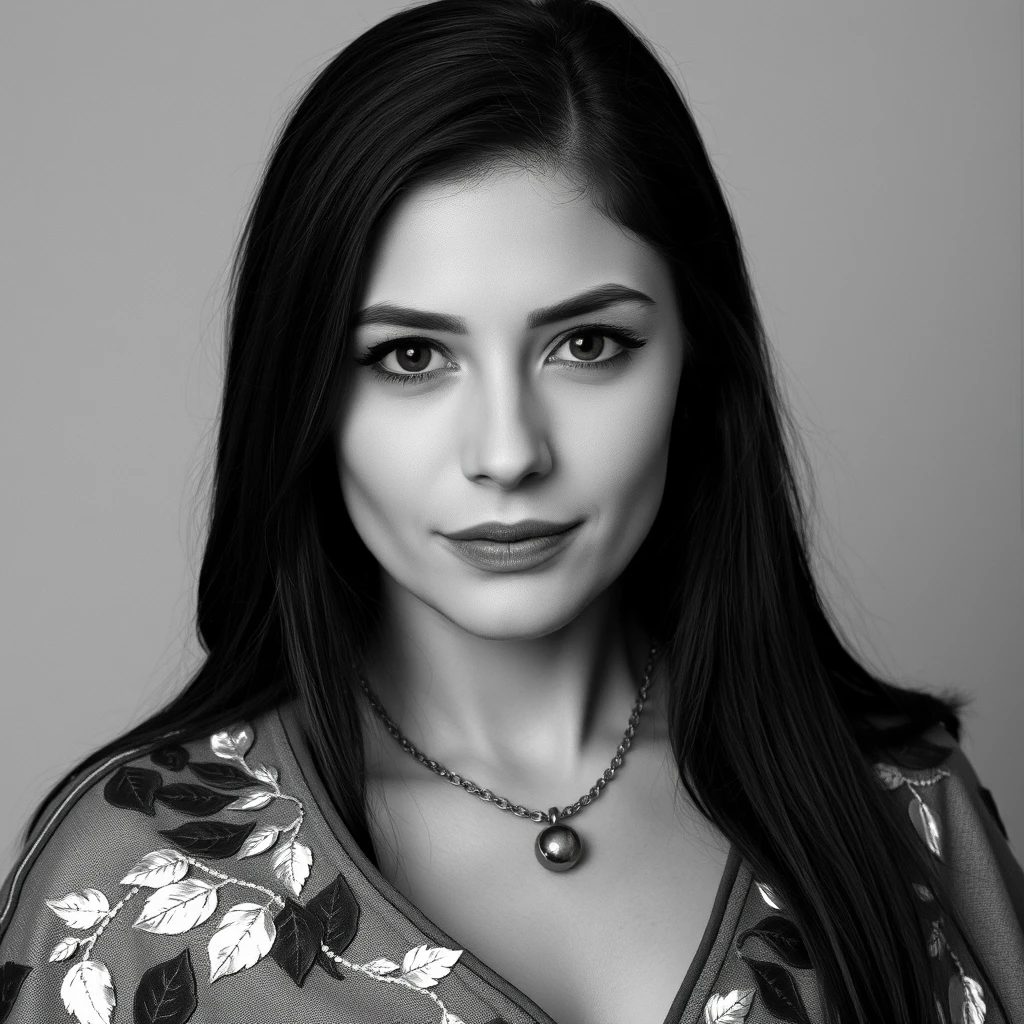 A black and white portrait of a woman with long dark hair, wearing a cape with metallic leaf-like embellishments and a necklace, gazing directly at the camera. - Image