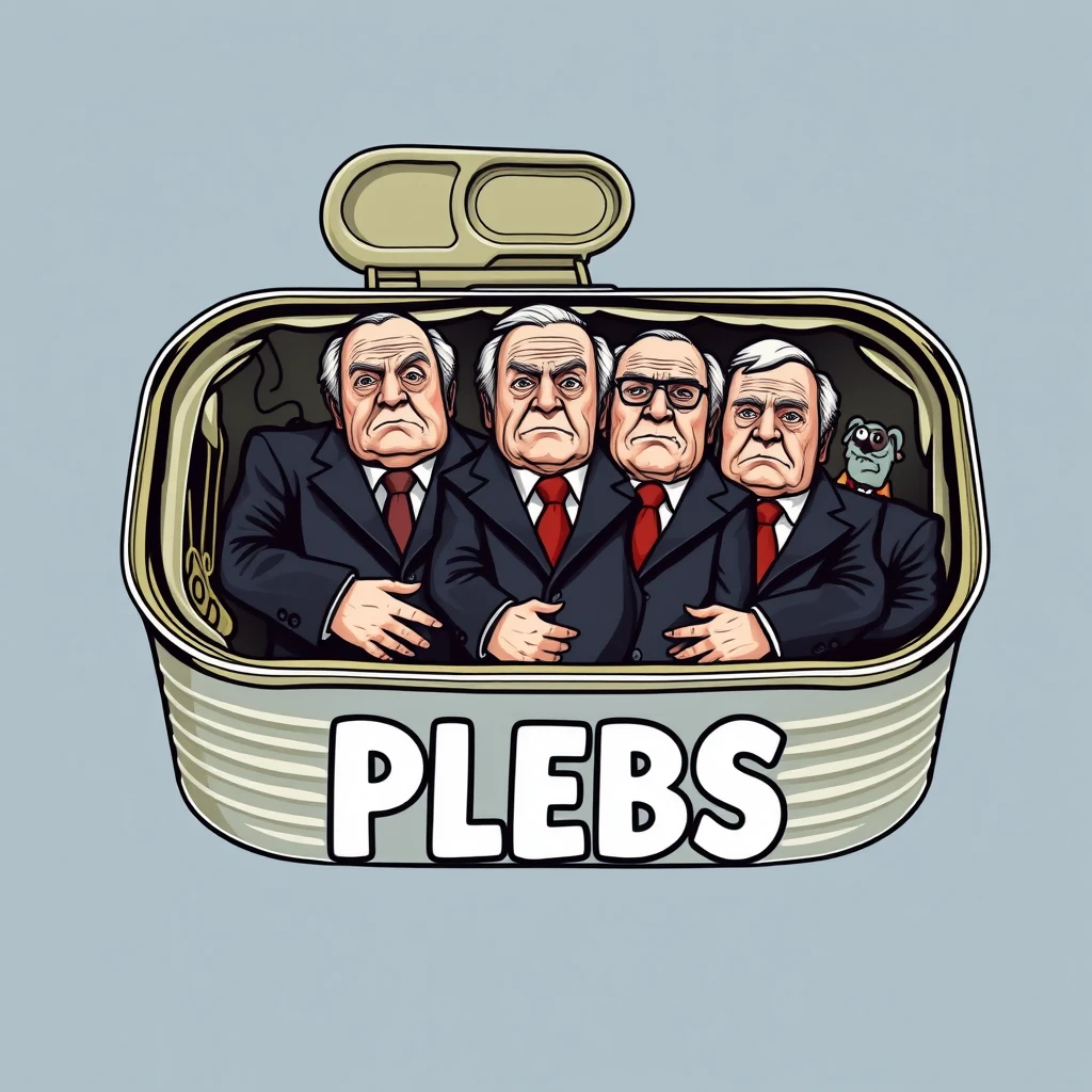 A playful t-shirt design featuring an open sardine can with a twist-off top, containing five live rich old men standing straight up and packed shoulder to shoulder in business suits with scowls on their faces, with the text "PLEBS" underneath, as a t-shirt design. View from the front. - Image