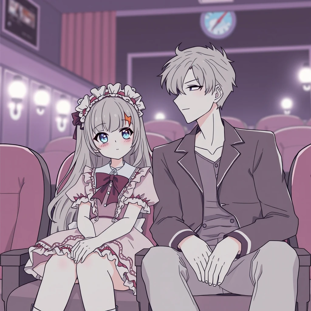 anime lineart, Beautiful girl dressed in Lolita costume and handsome tall boyfriend, sit in cinema. - Image