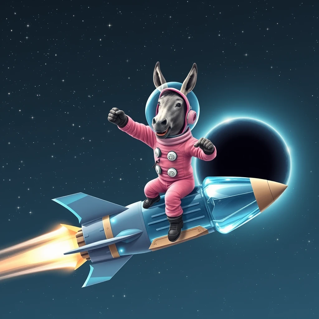 An ambitious donkey wearing pink astronaut costume, riding on a crystal stunning cyan spaceship, making a punching gesture, flying to the outerspace under a clear night sky with lots of shining stars, passing by a huge black-hole. Realistic style. - Image