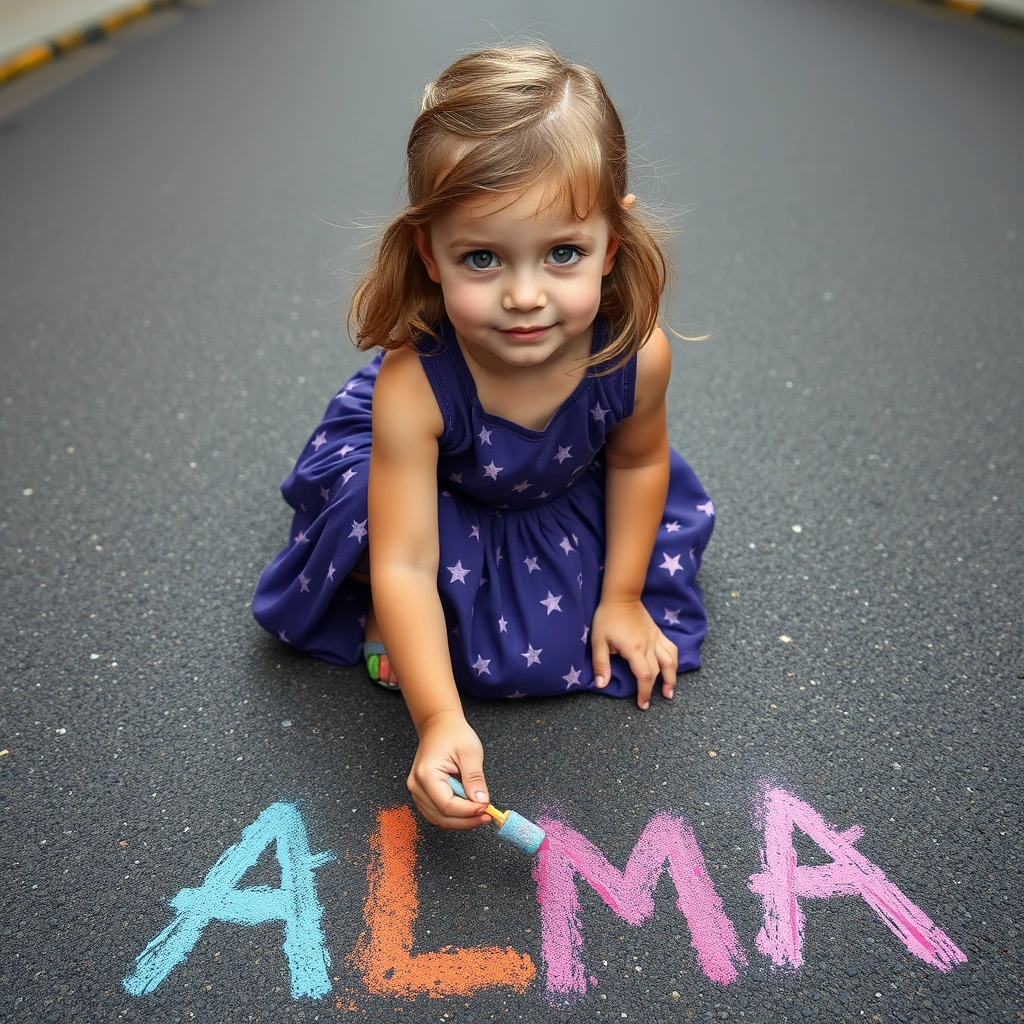 A four-year-old girl with light brown hair. The girl has a long shirtless purple star and galaxy-themed skirt on. She has hazel-colored eyes and looks Scandinavian. She is painting with chalks on the street, creating a rainbow-colored readable text that says "ALMA." Photorealistic, high quality.