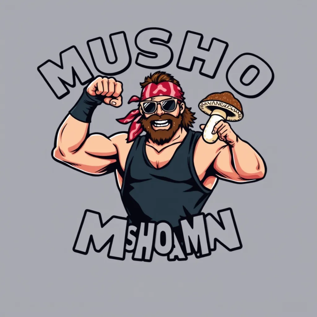 Create a WWE MACHO MAN parody logo featuring a title in big painted typography saying "MUSHO MAN". In the logo, there's a realistic macho man wrestler character wearing a tie-dye bandana and sunglasses. He is flexing his arm and squeezing a brown cap mushroom with one hand while pointing at the mushroom with the other hand, looking angry and showing his teeth. This parodies Randy Savage's Macho Man cream of the crop pose, rendered in a grainy 90s screen print style.