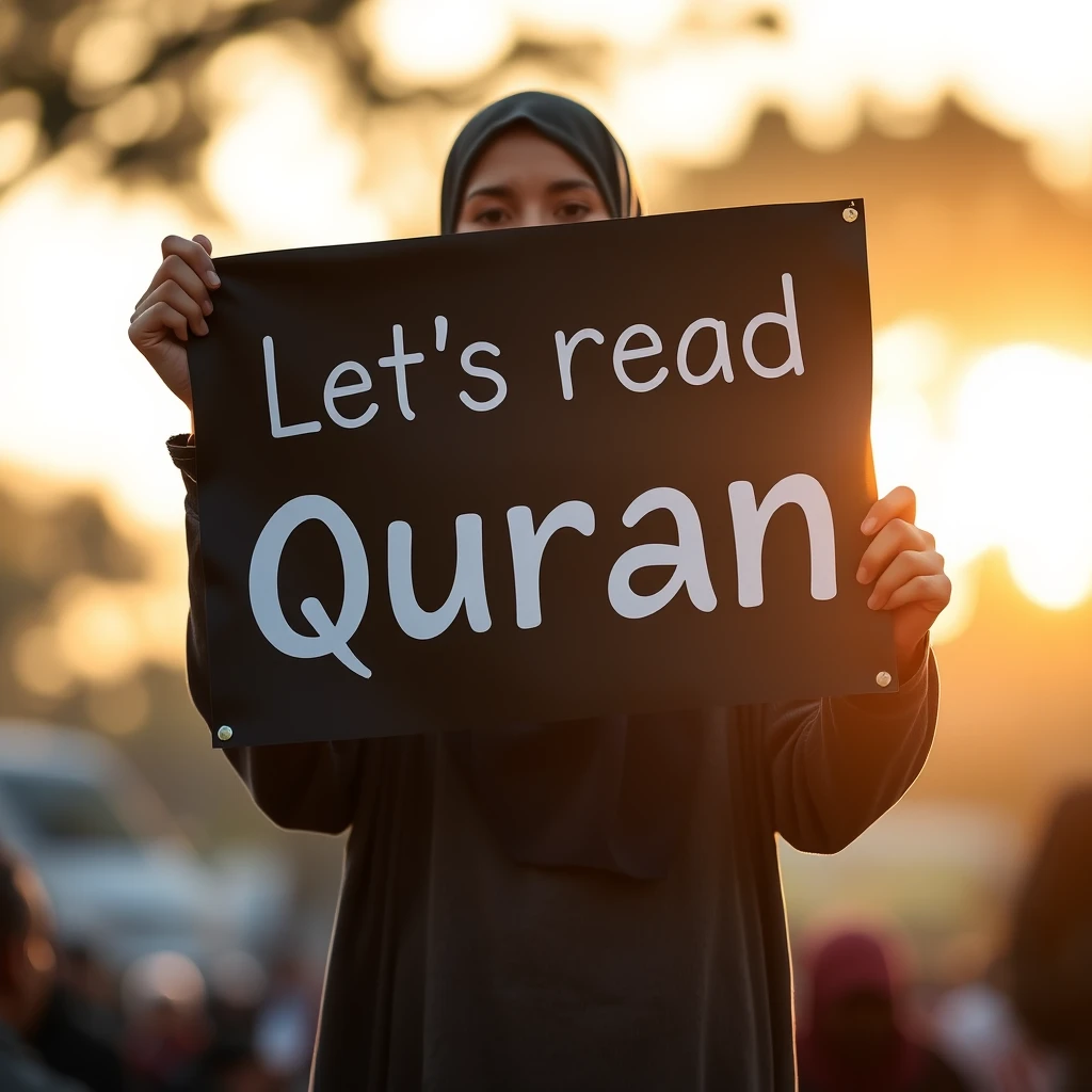 A Muslim holds a banner reading "Let's read Quran," bokeh, golden hour, outdoors. - Image