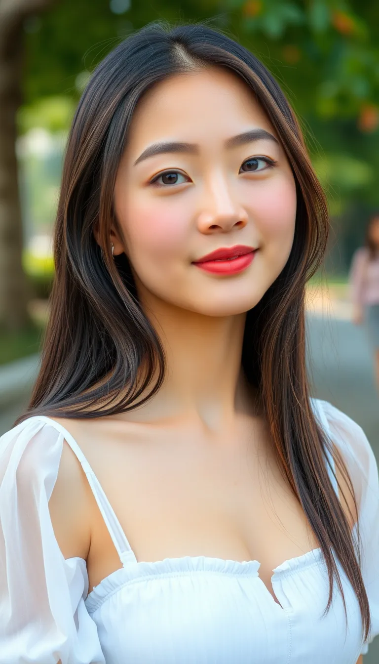 A pretty beautiful girl, Chinese ethnic, oval face, 18 years old, college student, large breasts, summer.