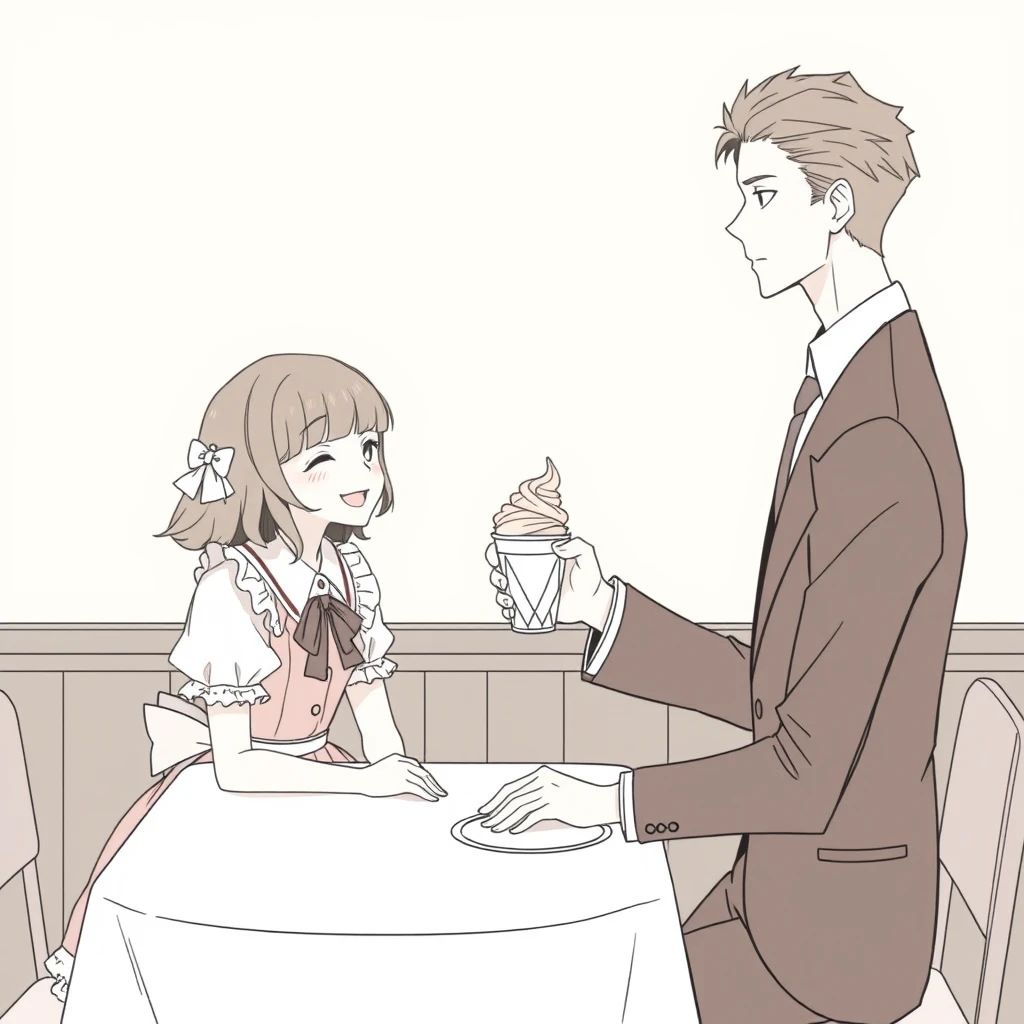 The boy was sitting at the table, gently feeding his girlfriend a cup of ice cream. The girl, dressed in a Lolita outfit, looked happy. The boy was tall, handsome, and dressed formally. It resembles anime lineart.