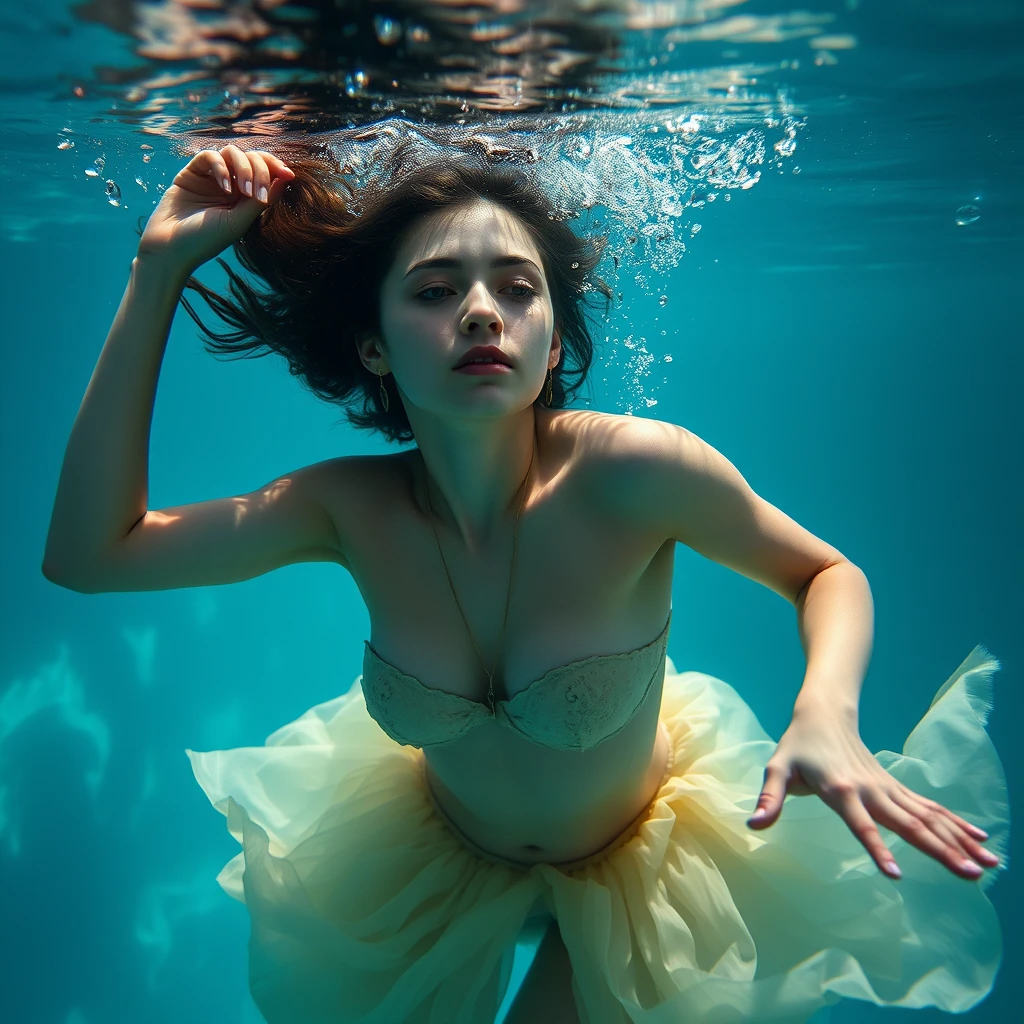 A symbolic portrait: A young woman dancing underwater. Life and sensitivity.