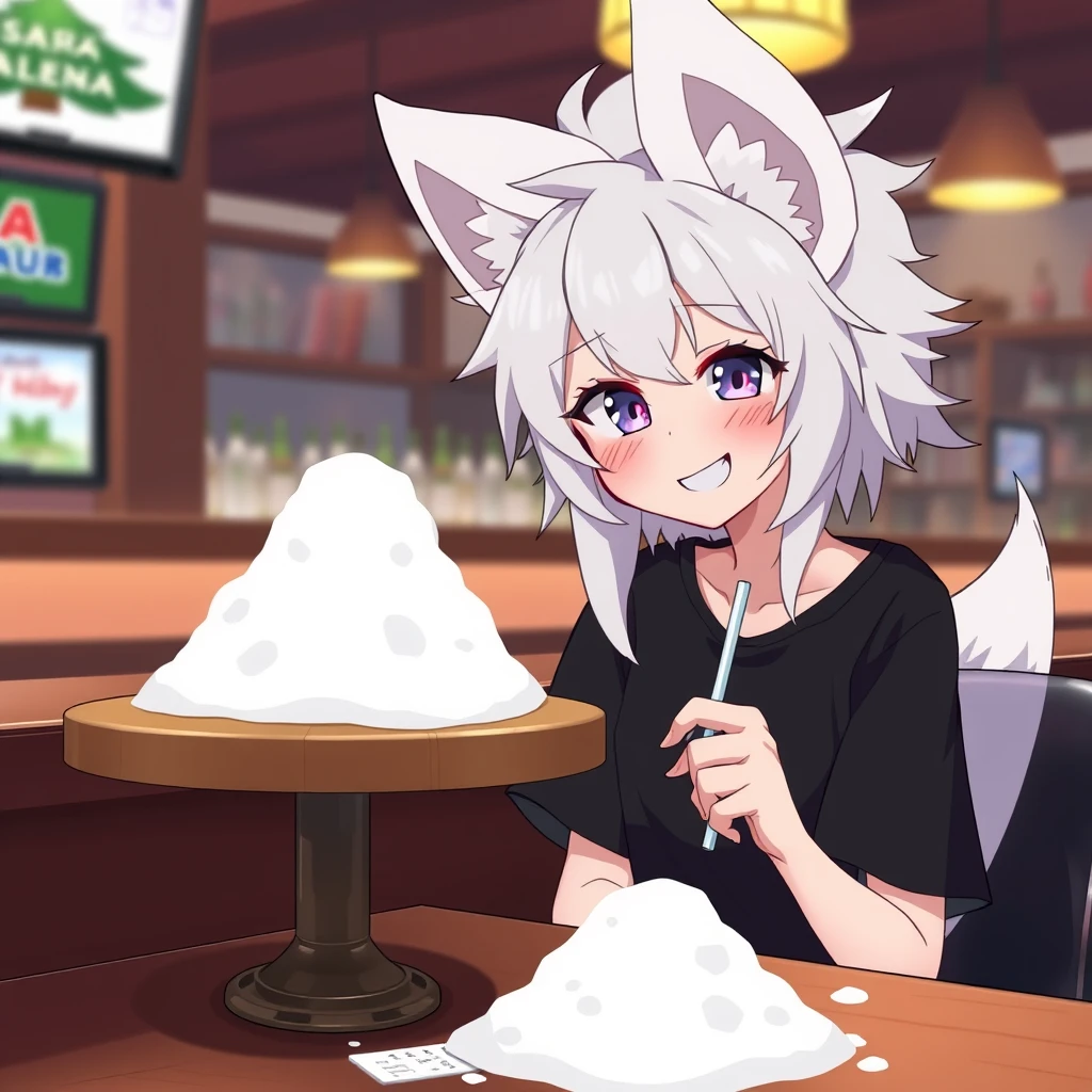 Cute teen anime girl with fluffy fennec ears and a fluffy tail, white messy medium hair, purple eyes, wearing a black t-shirt, sitting at the table in a bar. On the table is one tiny mountain of snow. The girl looks with a big crazy smile at the snow and has a straw in her right hand.