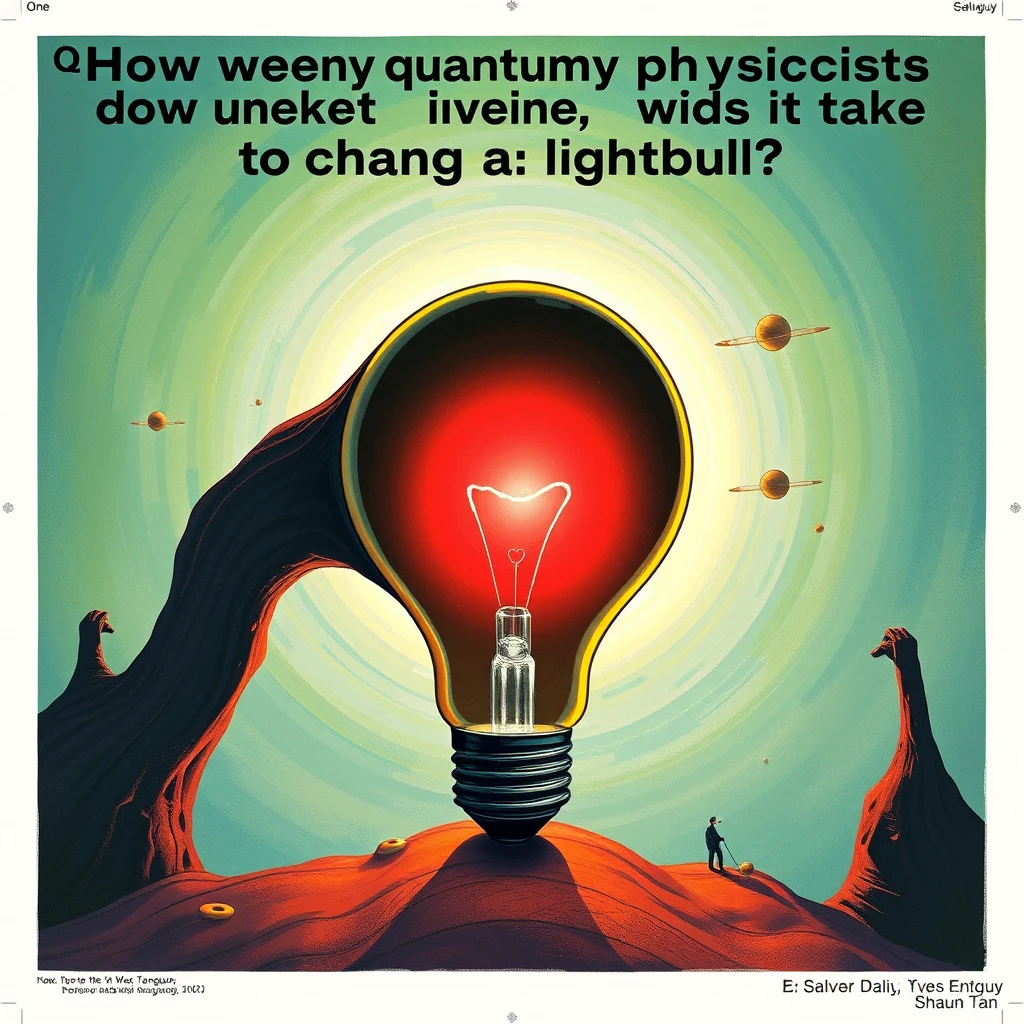 Q: How many quantum physicists does it take to change a lightbulb? A: One. Two to do it, and one to renormalize the wave function.  
digital painting, poster, Salvador Dali, Max Ernst, Yves Tanguy, Shaun Tan. - Image