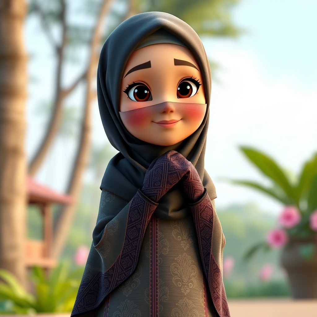 A 3D, 8k animated cartoon depiction of a Muslim woman from Palembang, wearing a traditional long songket and a long gown (gamis). She is adorned with a hijab that covers her chest and wears batik gloves covering her hands.