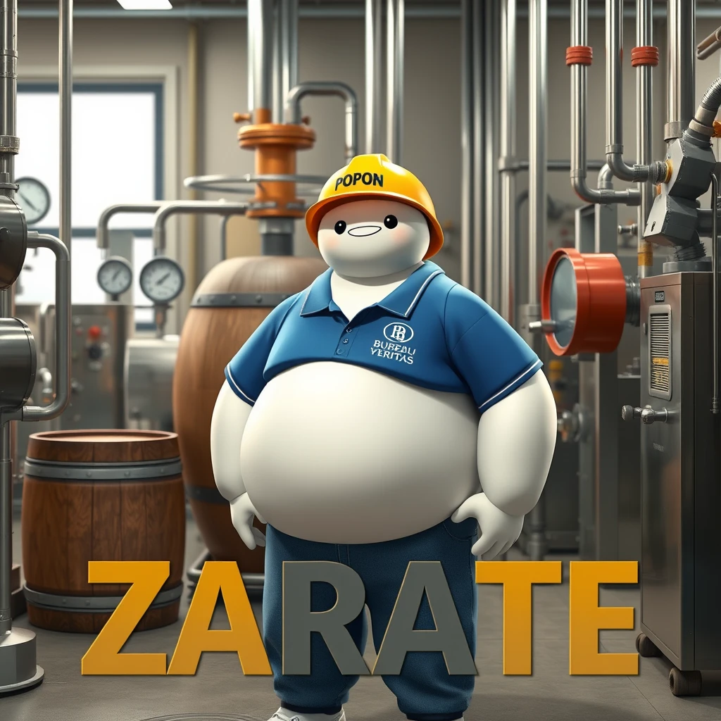 Baymax in a beer bottling plant surrounded by machinery, a barrel, gauges, dressed in a blue polo shirt, the logo of the international company Bureau Veritas, blue jeans, and with a yellow helmet that has the word POPON written on it, and below in the photo the caption with beautiful letters ZARATE.