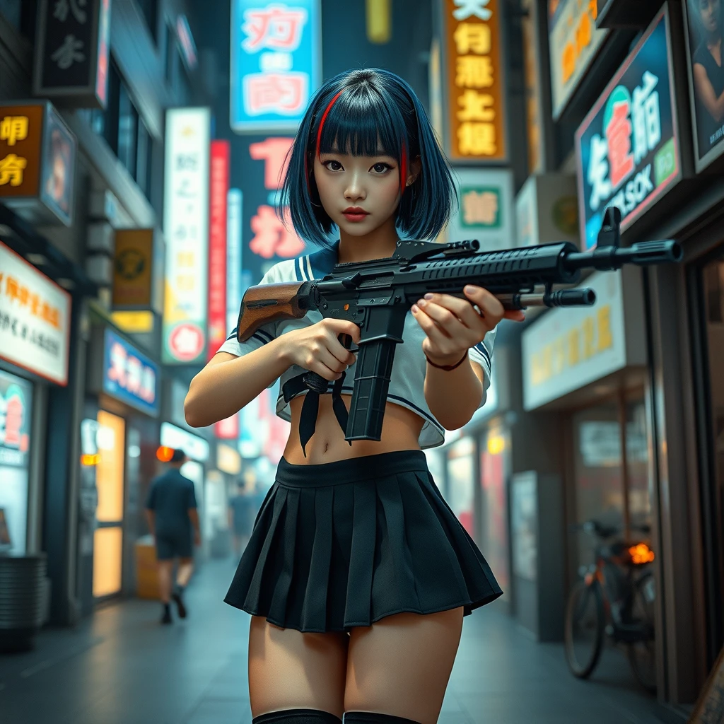 Great lighting, intricate detail, beautiful, stunning Japanese cyberpunk woman, 20 years old, two-tone medium length hair, blue with red streaks, bangs, wearing a short sailor blouse cropped above the navel, pierced navel, pleated miniskirt, thigh-high socks, holding an assault rifle with both hands, aiming at the viewer, on a cyberpunk street at night with neon signs and digital advertising screens, high detail, perfect composition, movie scenes, highly detailed. Photorealistic rendering, dramatic lighting, sharp contrast.