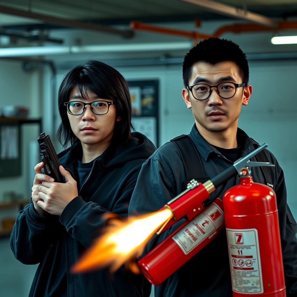 "21-year-old white Chinese man wearing square glasses, mid/long black hair, holding a pistol"; "21-year-old white Italian man wearing round glasses, short hair, holding a very large fire extinguisher flamethrower," garage setting.