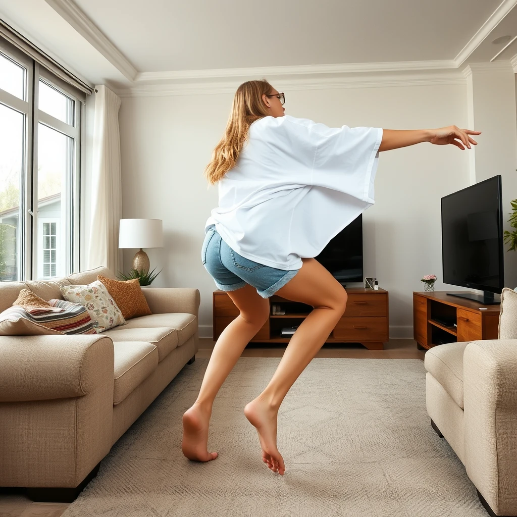 Side view angle of a blonde skinny woman who is in her massive living room wearing a massively oversized white t-shirt which is also very off-balance on one of the sleeves for the shoulders, and wearing oversized light blue denim shorts. She is wearing no shoes or socks and she faces her TV and she dives headfirst into it.