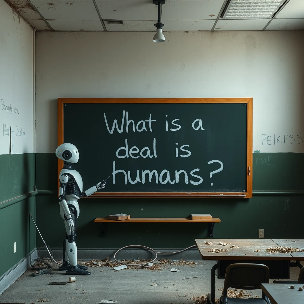 "What is the deal with humans?" a robot writes on a chalkboard inside of an abandoned classroom.