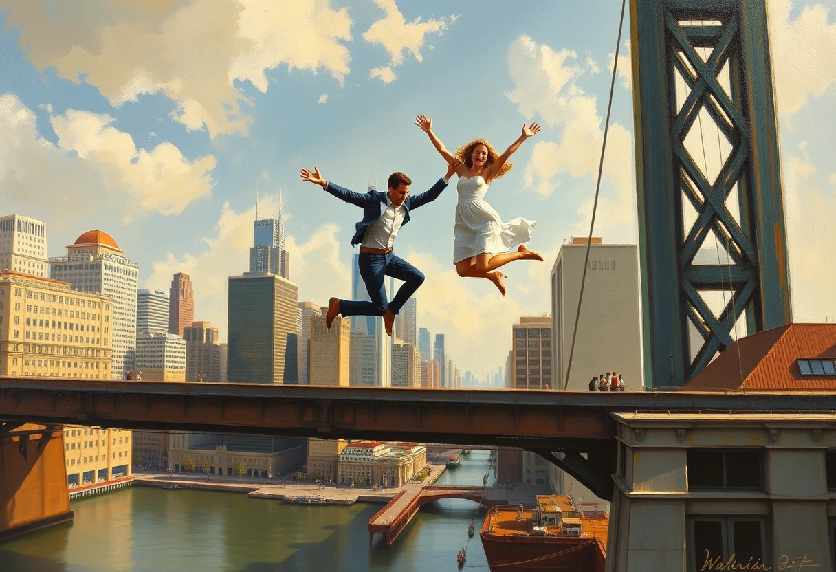 Man and woman jumping off a tall city bridge, highly detailed, oil on canvas. - Image