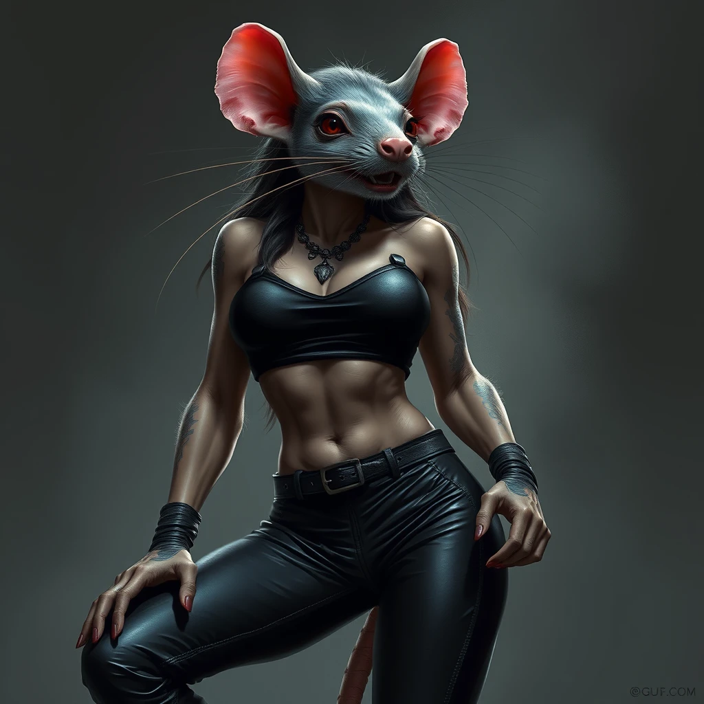 an anthro female rat, low cut top, leather pants, tight clothing - Image