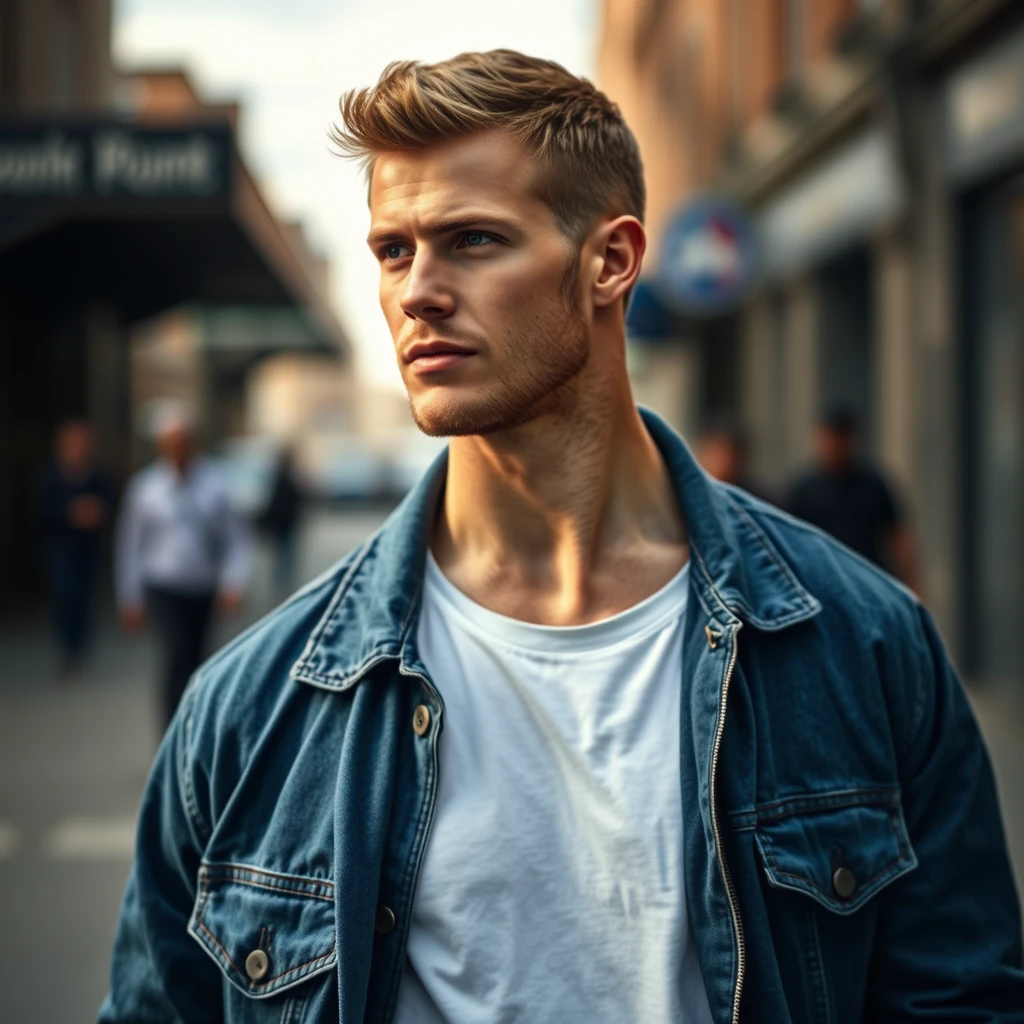 Jamie Dornan's head and body shot, handsome, shaved, white T-shirt, blue jacket, jeans, hyper-realistic, street photography.