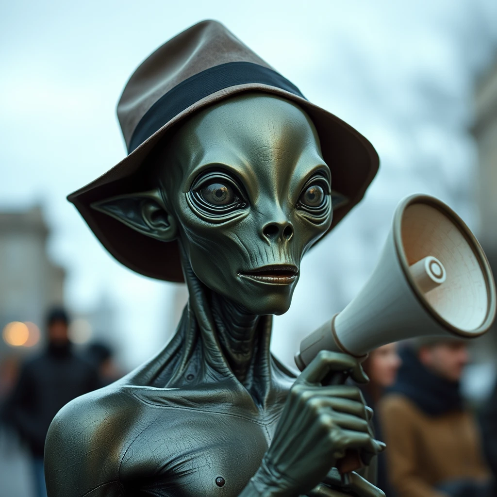 A changeling stood there, its skin smooth and metallic the color of an oil slick, lacking a nose or mouth on its face, and missing eyes and ears. Its empty smooth face was alien but humanoid; it could be mistaken for a mannequin if it weren't moving around, wearing a hat, and wielding a megaphone made of paper at passersby. - Image