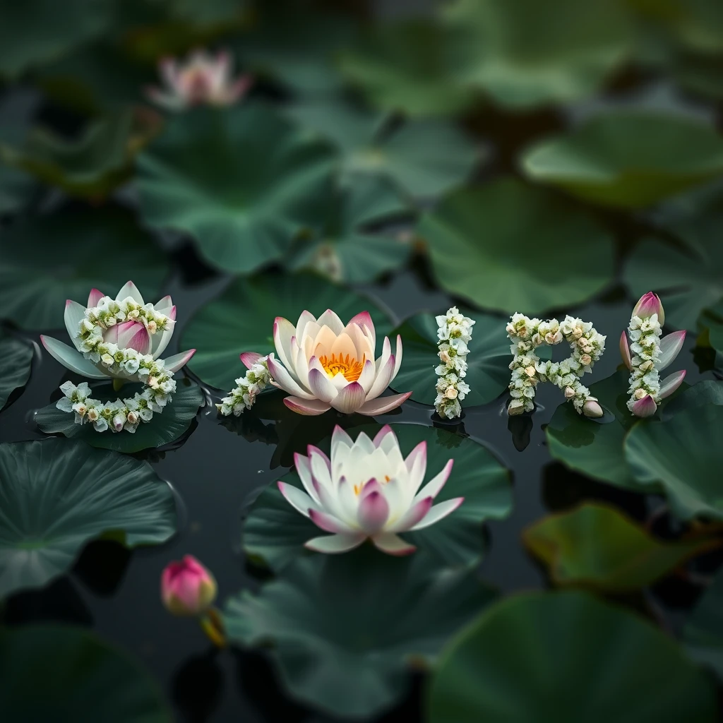 Lotus flowers spelling out the word Satori, photography, dynamic shot.