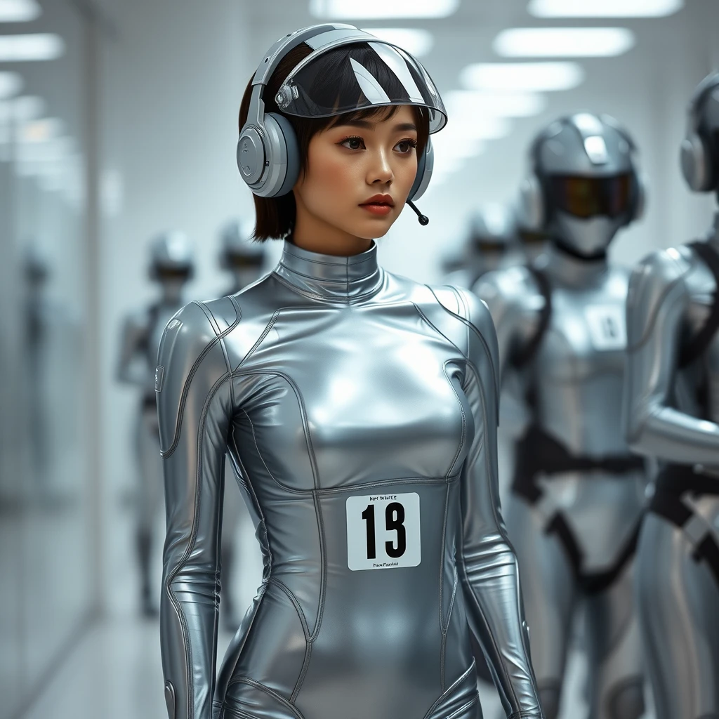 Korean woman. Sexy. Brainwashed. Standing at attention. Silver latex skin-tight full-body jumpsuit with a number on it. Short hair. Headset with visor (eyewear). Awaiting orders. Thinks she is a robot. Sci-fi futuristic. - Image