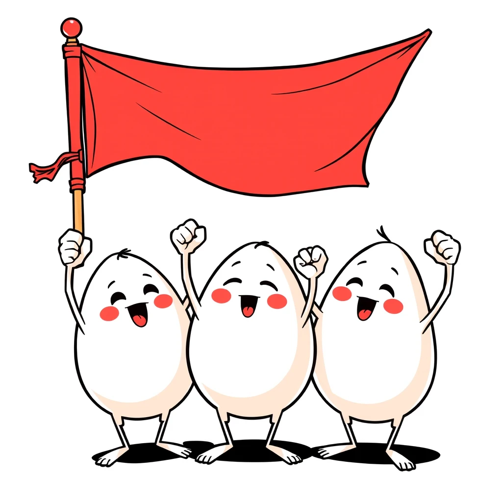 Line art comic, three eggs hanging a red flag and swinging their fists.